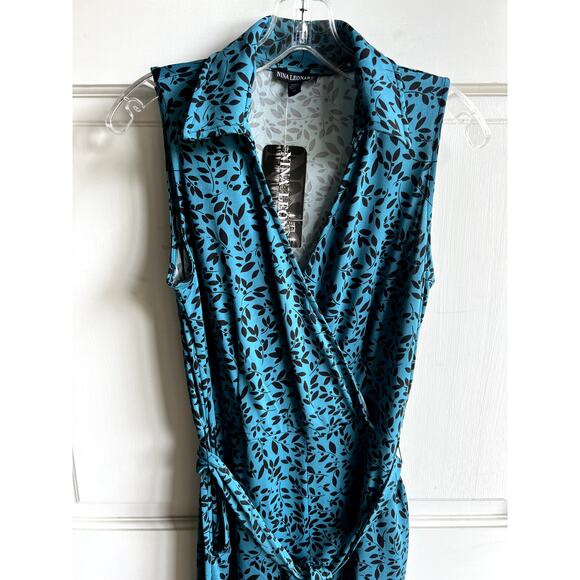 Nina Leonard blue botanical wrap collar jumpsuit size M - Picture 3 of 4